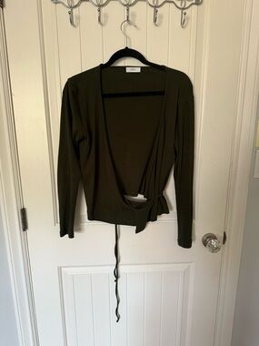 Olive Green Wrap-Front Long Sleeve Blouse